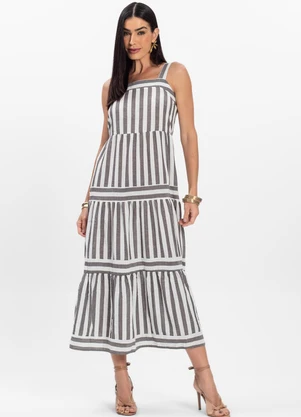 Rovitex - Vestido Midi Feminino Listrado de Alça Preto - ROVITEX
