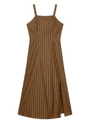 Marialícia - Vestido Midi Feminino Listrado Marrom - MARIALÍCIA