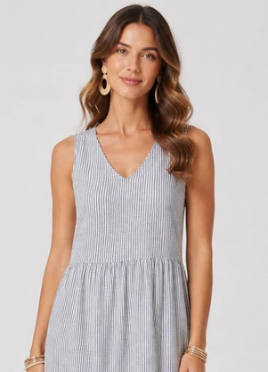 Rovitex - Vestido Midi Feminino Listrado Preto - ROVITEX
