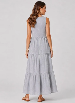 Rovitex - Vestido Midi Feminino Listrado Preto - ROVITEX