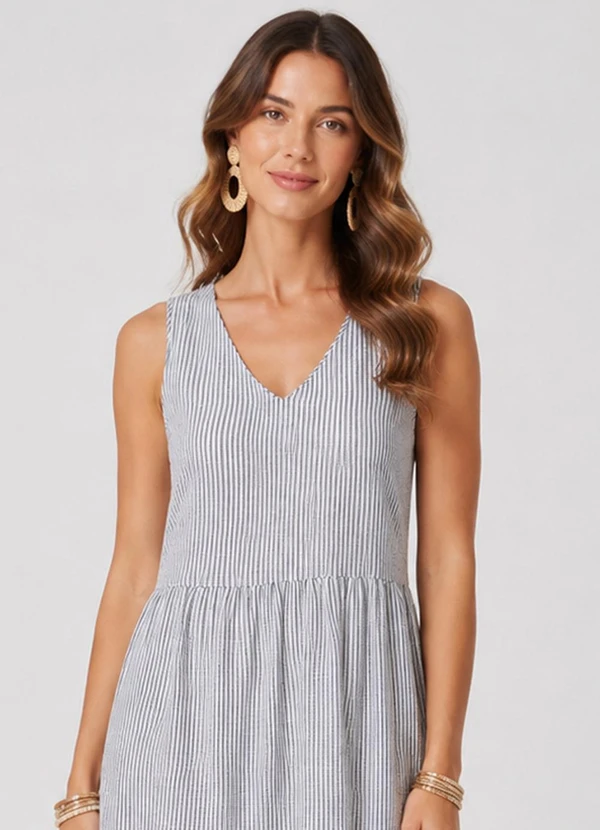Rovitex - Vestido Midi Feminino Listrado Preto