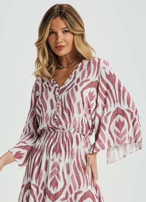 Marialícia - Vestido Midi Feminino Manga Ampla Rosa - MARIALÍCIA