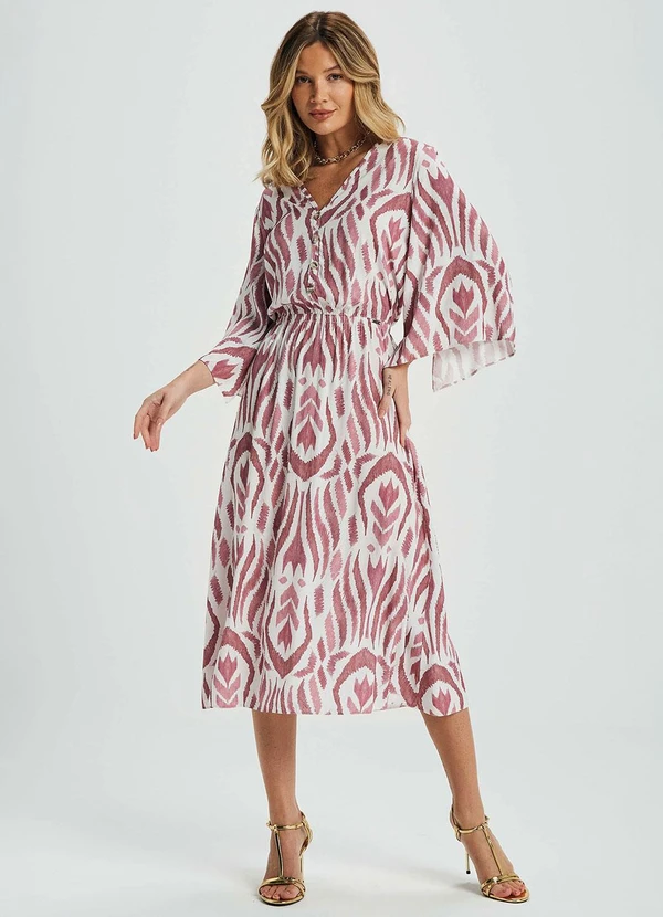 Marialícia - Vestido Midi Feminino Manga Ampla Rosa 1