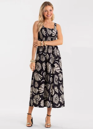 Rovitex - Vestido Midi Feminino Meia Malha Estampado Preto - ROVITEX