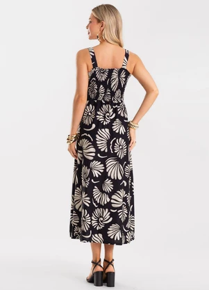 Rovitex - Vestido Midi Feminino Meia Malha Estampado Preto - ROVITEX