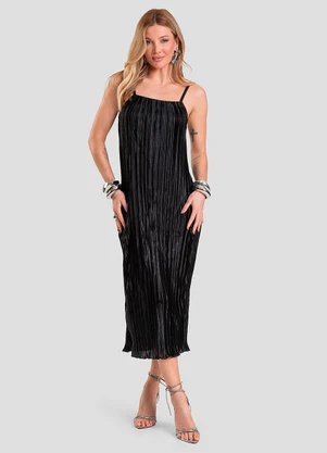 Dianna - Vestido Midi Feminino Plissado de Alça Preto - DIANNA