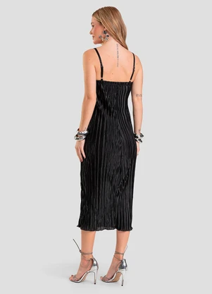 Dianna - Vestido Midi Feminino Plissado de Alça Preto - DIANNA