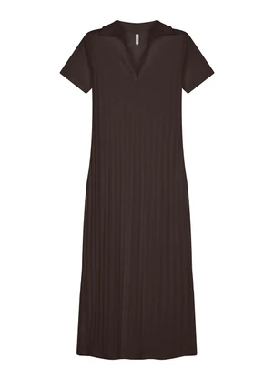 Marialícia - Vestido Midi Feminino Polo Decote V Marrom - MARIALÍCIA