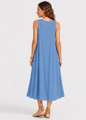 Rovitex - Vestido Midi Feminino Viscose com Bolsos Azul - ROVITEX