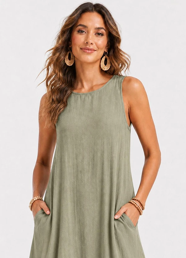 Rovitex - Vestido Midi Feminino Viscose com Bolsos Verde