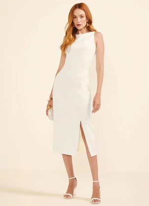 Marialícia - Vestido Midi Fenda Feminino Bege - MARIALÍCIA