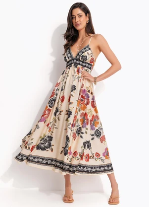 Farm - Vestido Midi Flor de Fita Bege - FARM