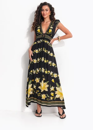 Farm - Vestido Midi Flor Nana Preto - FARM