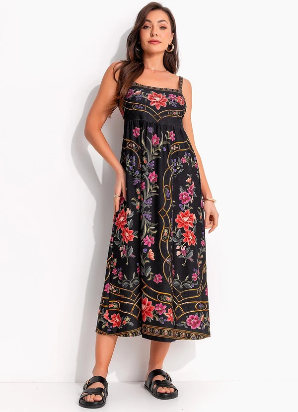 Farm - Vestido Midi Floral Belle Preto