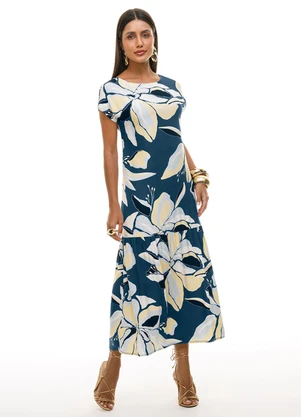 Gris - Vestido Midi Floral em Viscose Azul - GRIS