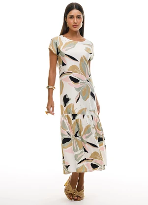 Gris - Vestido Midi Floral em Viscose Branco - GRIS