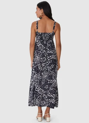 Malwee - Vestido Mídi Floral em Viscose Preto - MALWEE