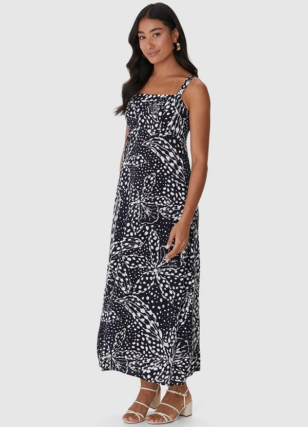 Malwee - Vestido Mídi Floral em Viscose Preto 3