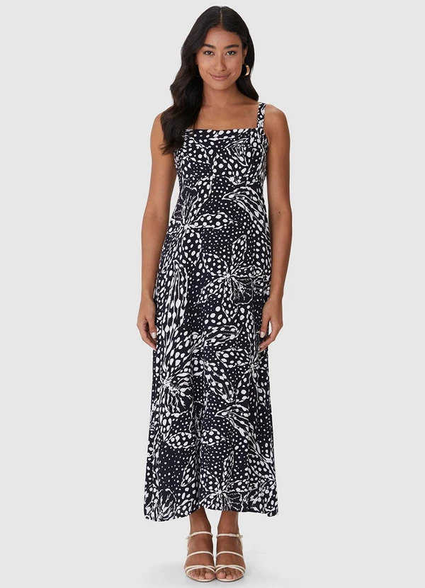 Malwee - Vestido Mídi Floral em Viscose Preto 4