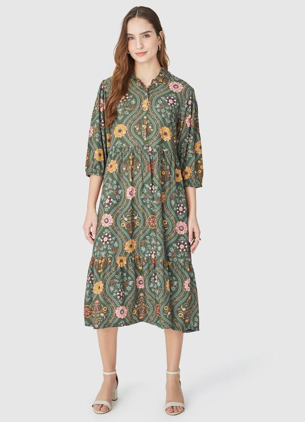 Malwee - Vestido Midi Floral em Viscose Verde