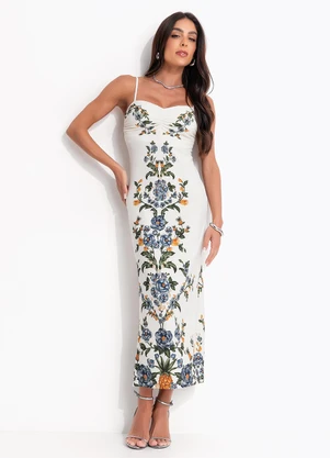 Farm - Vestido Midi Floral Penelope Off White - FARM