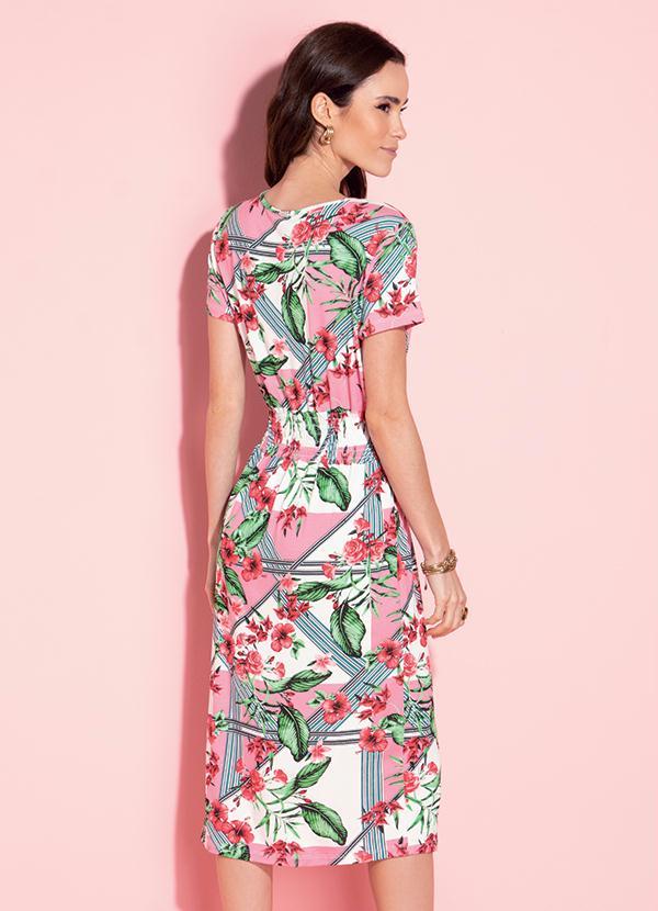 Quintess - Vestido Midi Floral Rosa com Fenda na Frente 2