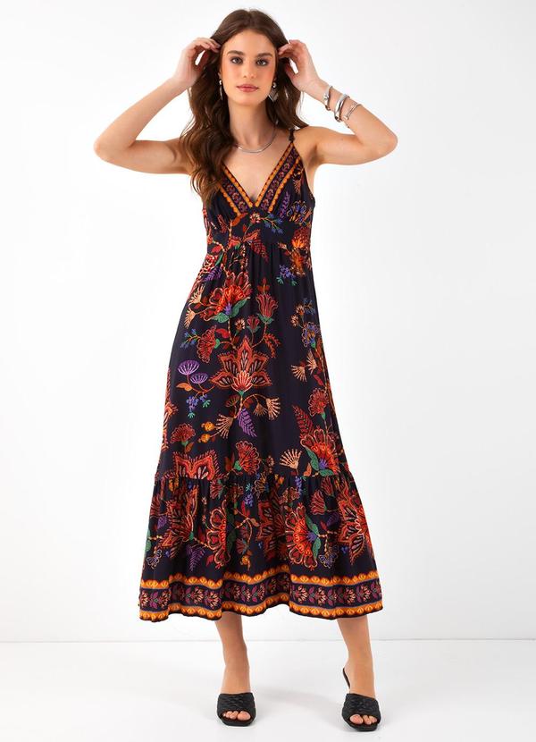 Farm - Vestido Midi Floral Valentina Preto