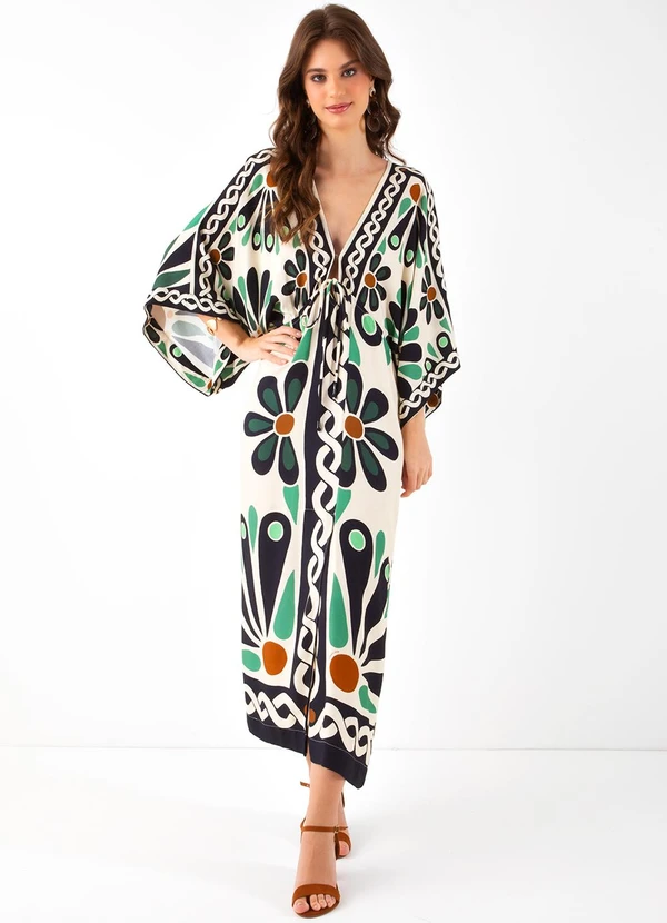 Farm - Vestido Midi Florejo Lenço Bege