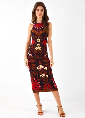 Farm - Vestido Midi Florejo Marrom - FARM