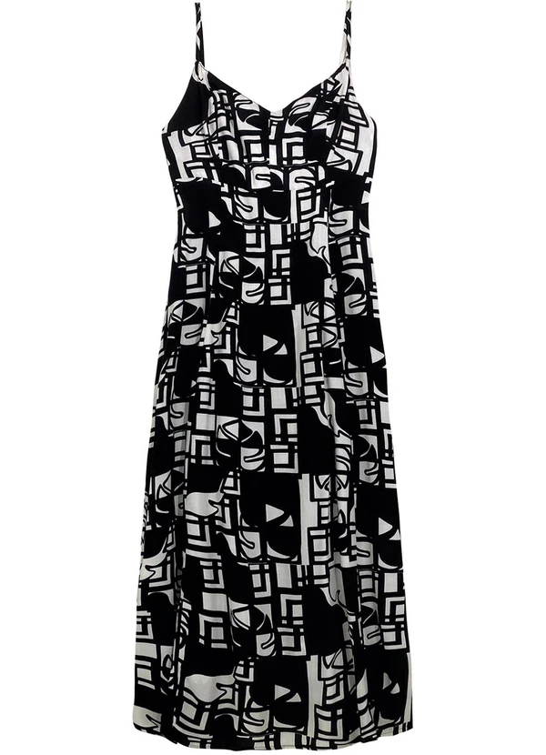 Malwee - Vestido Mídi Folhagem em Viscose Preto