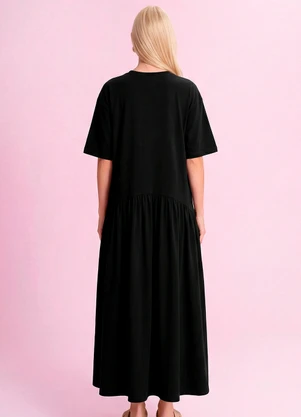 Angel - Vestido Midi Framboise em Piquet Preto - ANGEL
