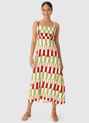 Malwee - Vestido Mídi Geométrico em Viscose Vermelho - MALWEE