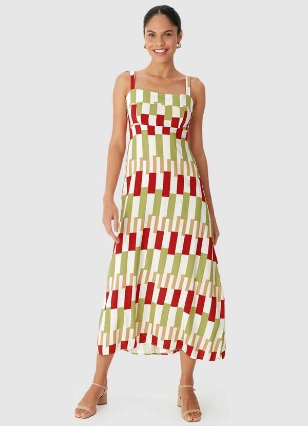 Malwee - Vestido Mídi Geométrico em Viscose Vermelho 1