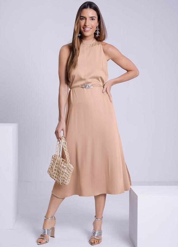 Lunender - Vestido Midi Gola Alta Evasê com Cinto Bege
