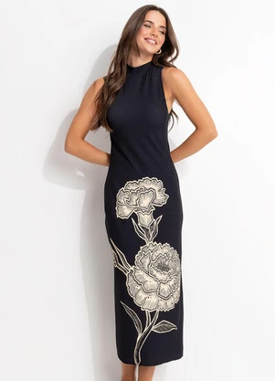 Farm - Vestido Midi Gola Alta Jardim de Cordel Preto - FARM