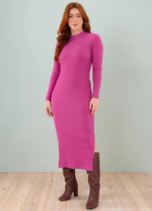 Angel - Vestido Midi Gola Alta Manga Longa Rosa - ANGEL