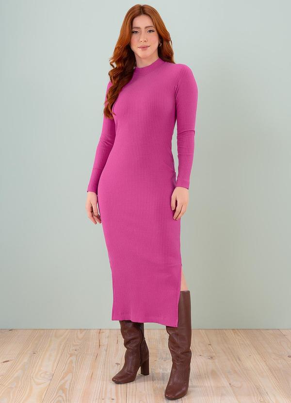 Angel - Vestido Midi Gola Alta Manga Longa Rosa