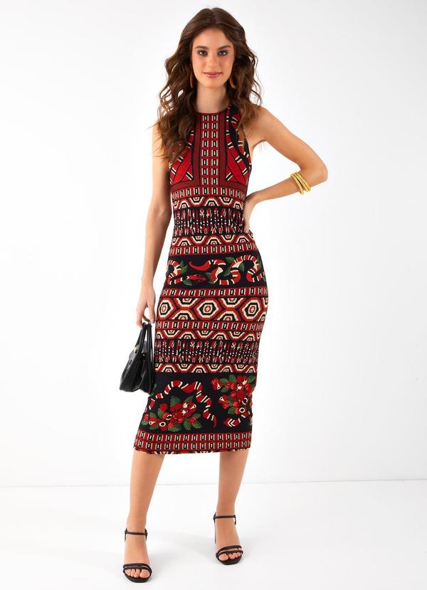 Farm - Vestido Midi Guarána Coral Preto
