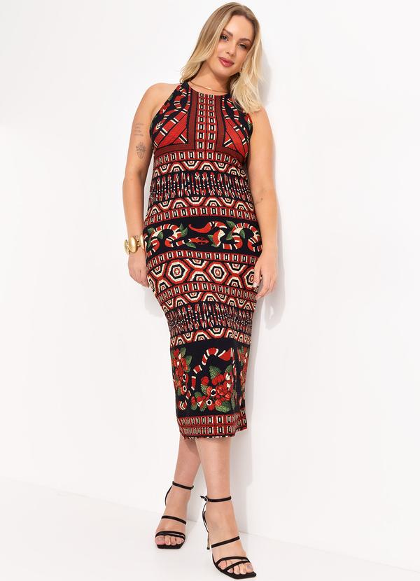Farm - Vestido Midi Guarána Coral Preto