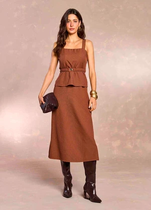 Doce Trama - Vestido Midi Jardim Boho em Pied Poule Marrom - DOCE TRAMA