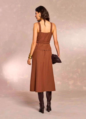 Doce Trama - Vestido Midi Jardim Boho em Pied Poule Marrom - DOCE TRAMA