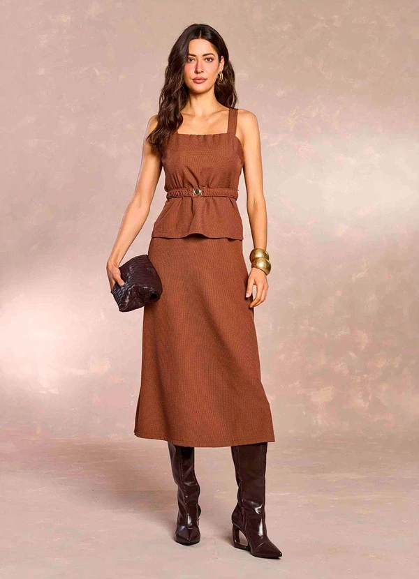 Doce Trama - Vestido Midi Jardim Boho em Pied Poule Marrom