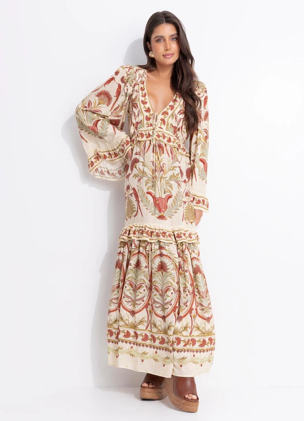 Farm - Vestido Midi Jardim Louise Bege