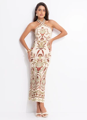 Farm - Vestido Midi Jardim Louise Bege - FARM