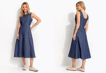 Vestido Midi Jeans Azul Escuro com Costuras Contrastantes