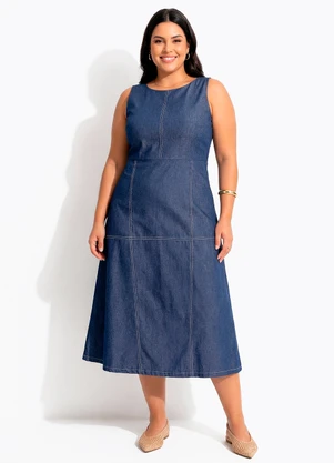 Quintess - Vestido Midi Jeans Azul Escuro com Costuras Contrastantes - QUINTESS