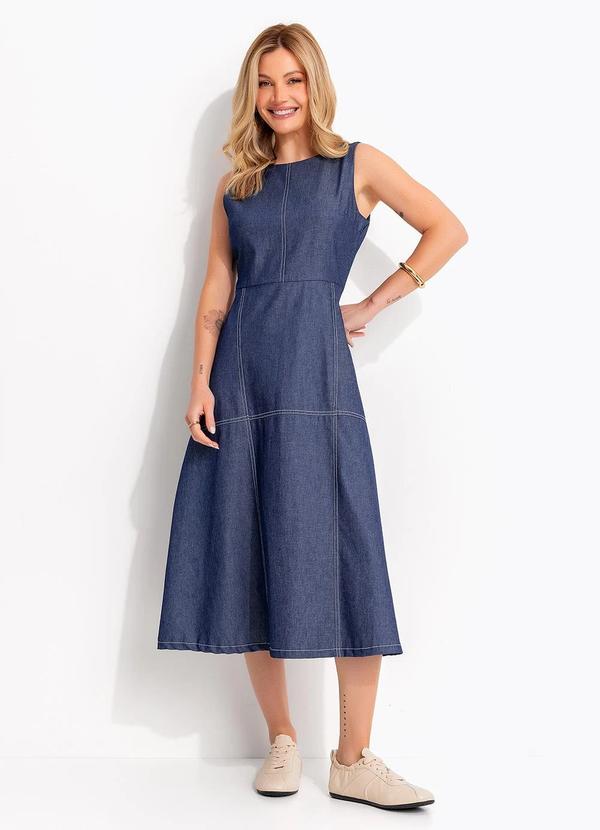 Vestido Midi Jeans Azul Escuro com Costuras Contrastantes