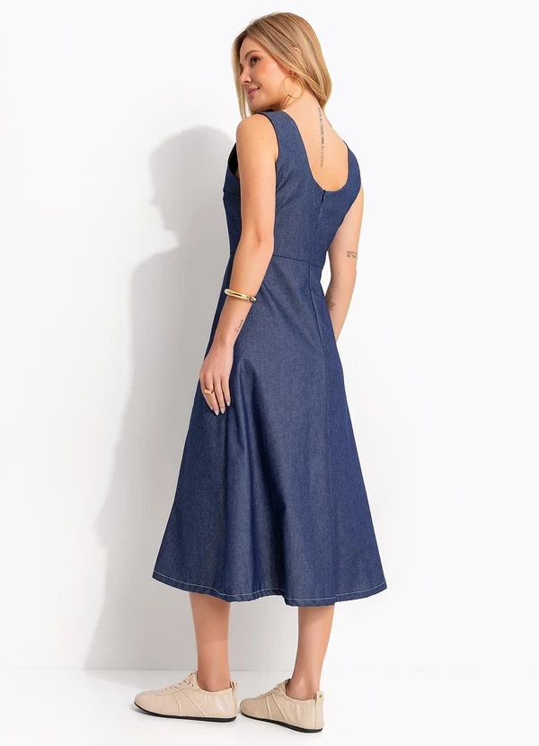 Quintess - Vestido Midi Jeans Azul Escuro com Costuras Contrastantes 2