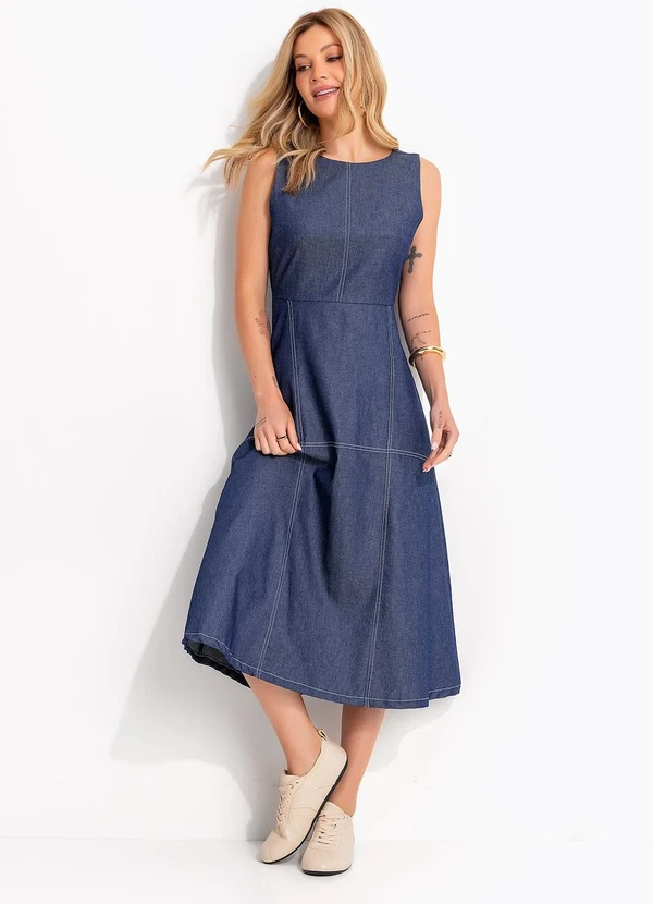 Quintess - Vestido Midi Jeans Azul Escuro com Costuras Contrastantes 3