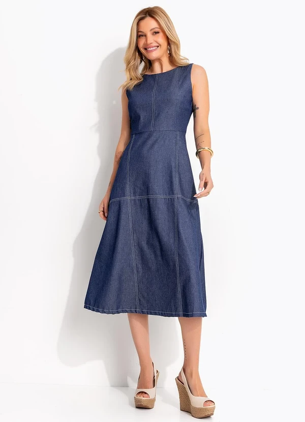 Quintess - Vestido Midi Jeans Azul Escuro com Costuras Contrastantes 6